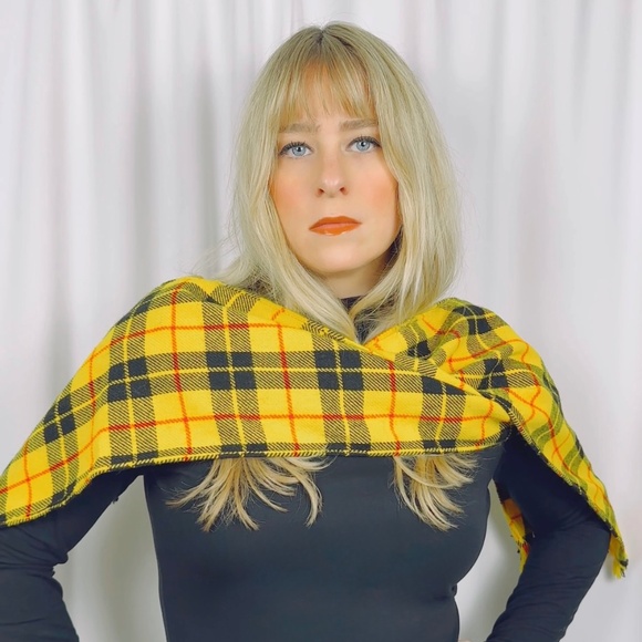 Vintage Cher from Clueless Yellow + Black + Red Wool Plaid Knit Long Scarf with - Picture 7 of 7